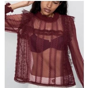 Zara Deep Red Lace Blouse Sz medium M